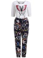 Romwe Embroidered Top With Elastic Waist Butterfly Print Pant