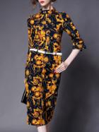 Romwe Yellow Stand Collar Half Sleeve Drawstring Pockets Print Dress