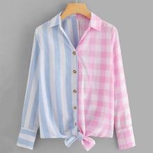 Romwe Single Breasted Knot Hem Striped Plaid Blouse
