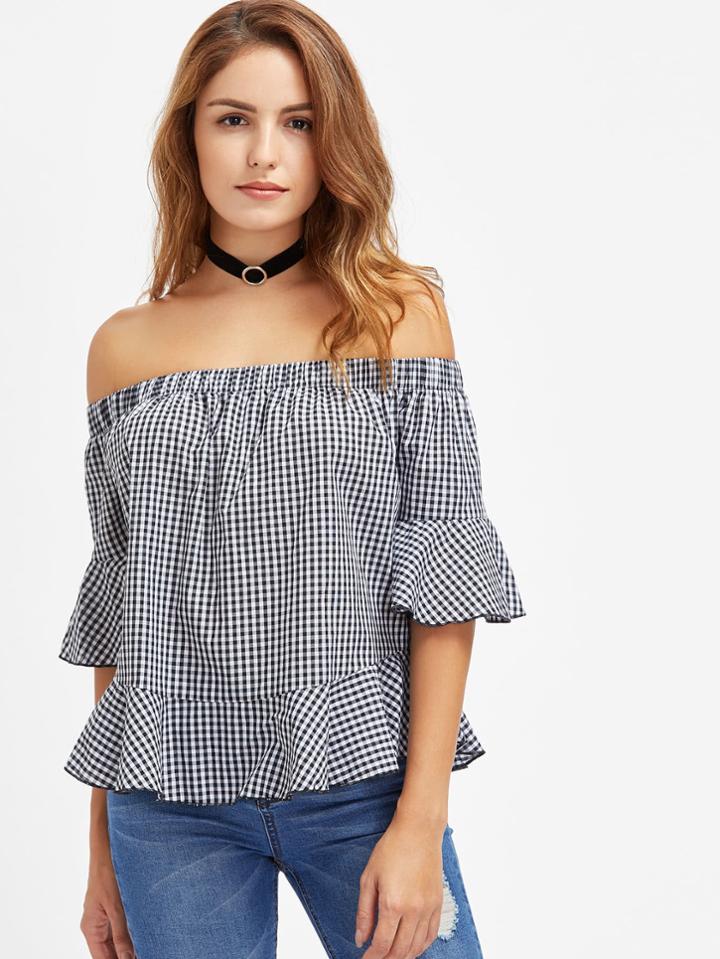 Romwe Bow Back Fluted Sleeve Frilled Gingham Bardot Top