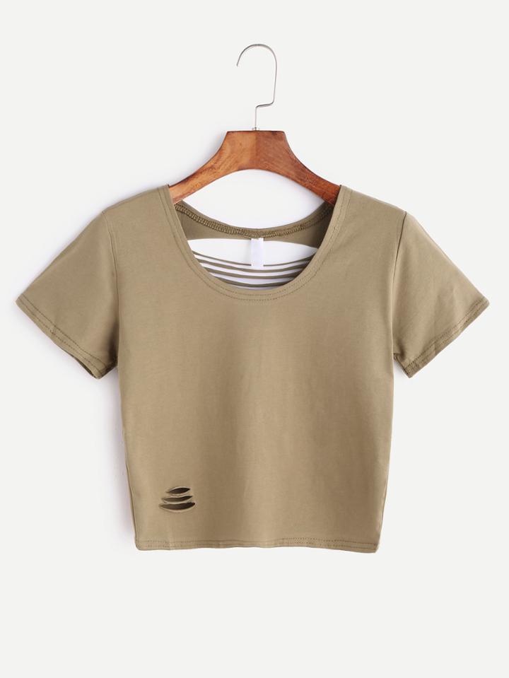 Romwe Green Ripped Crop T-shirt