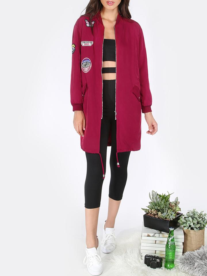 Romwe Red Letters Patch Long Sleeve Zipper Jacket