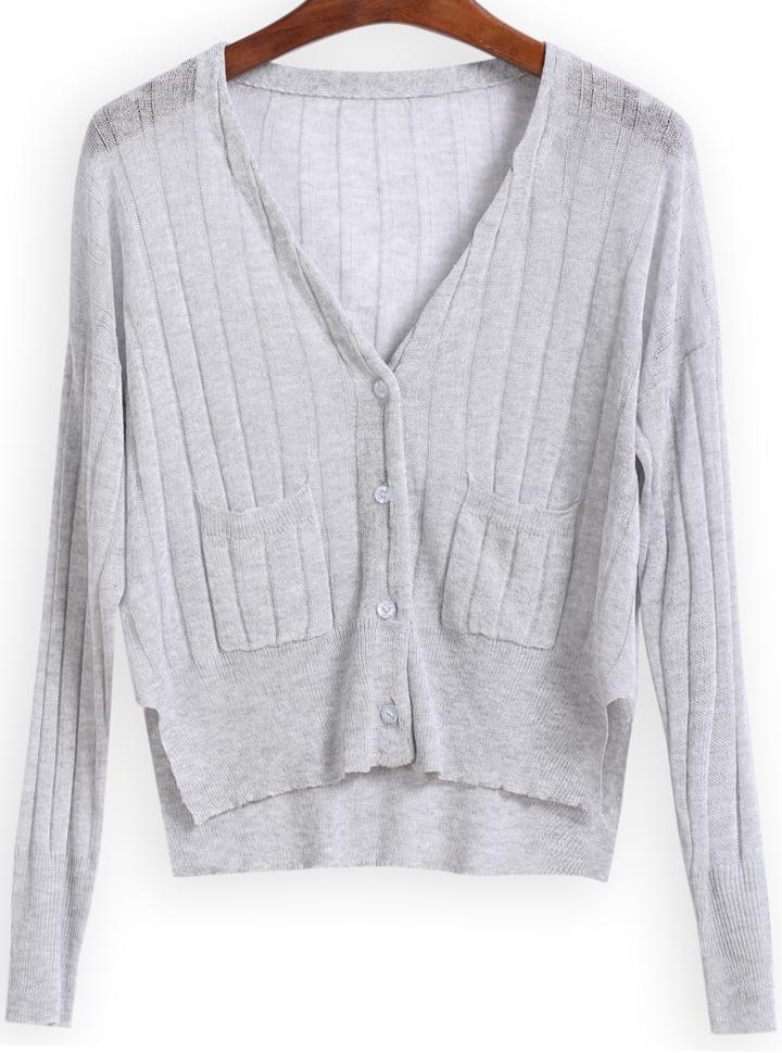 Romwe Grey V Neck Dip Hem Knit Sweater