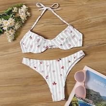 Romwe Striped & Floral Underwired Halter Bikini Set