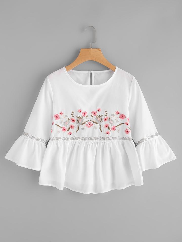 Romwe Flower Embroidery Ruffle Top