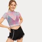 Romwe Tie Dye Contrast Piping Trim Sheer Mesh Tee