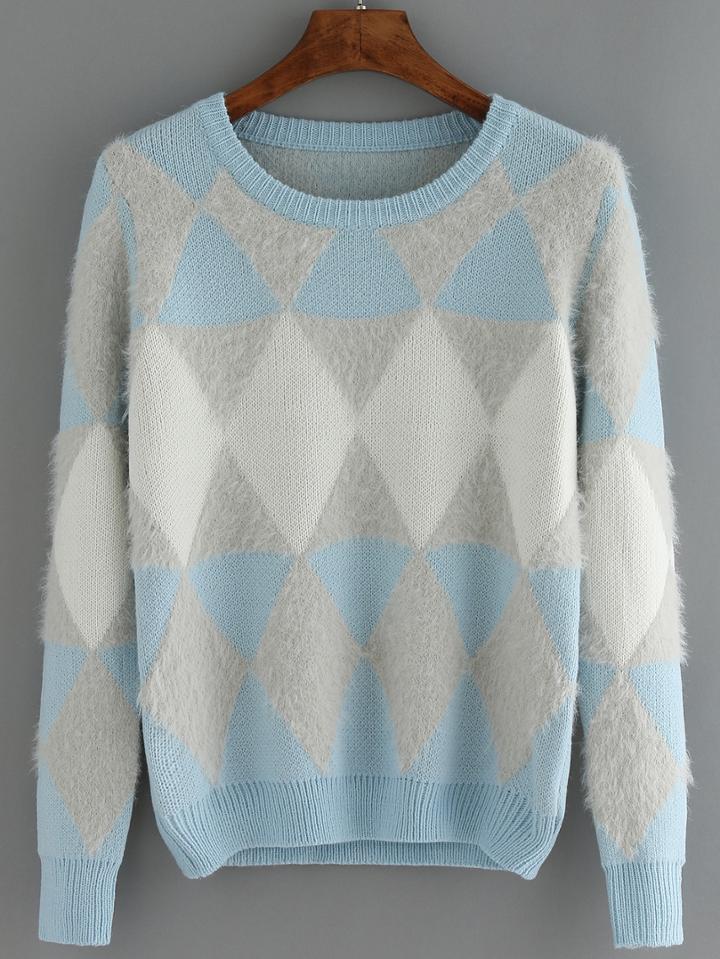 Romwe Geometric Patterned Mohair Blue Sweater