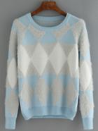 Romwe Geometric Patterned Mohair Blue Sweater