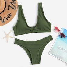 Romwe Button Decorated Ribbed Bikini Set