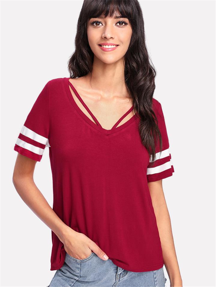 Romwe V Strap Neck Striped Sleeve T-shirt