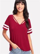 Romwe V Strap Neck Striped Sleeve T-shirt