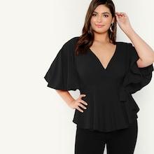 Romwe Plus Flutter Sleeve Surplice Solid Blouse