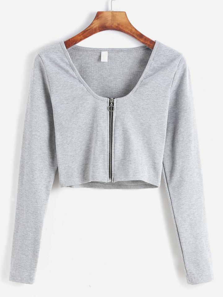 Romwe Pale Grey Zip Up Front Crop T-shirt