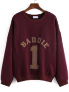 Romwe Burgundy Round Neck Letters 1 Patterned Sweatshirt