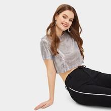 Romwe Keyhole Back Sequin Crop Tee