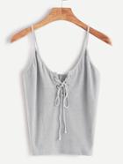 Romwe Grey Eyelet Lace Up Front Ribbed Knit Cami Top