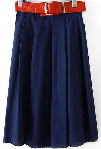 Romwe With Belt Pleated Navy Skirt