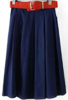Romwe With Belt Pleated Navy Skirt