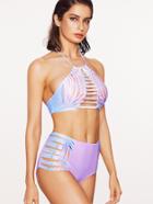 Romwe Purple Print Ladder Cutout High Waist Halter Bikini Set