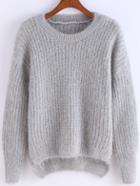 Romwe Dip Hem Fuzzy Grey Sweater