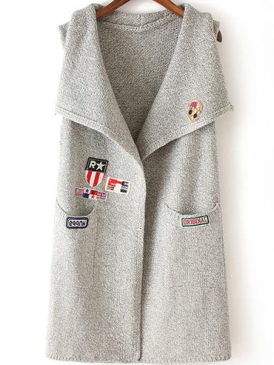 Romwe Lapel Sleeveless Patch Knit Light Grey Coat