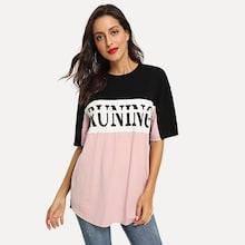 Romwe Letter Print Color Block T-shirt