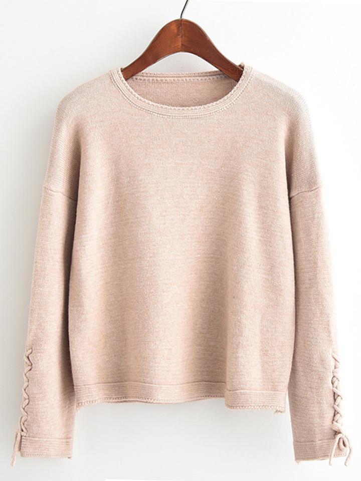 Romwe Lace Up Sleeve Pullover Sweater