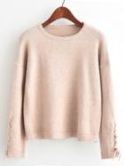 Romwe Lace Up Sleeve Pullover Sweater