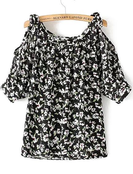 Romwe Pastel Floral Print Chiffon Black Top