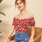 Romwe Ditsy Floral Button Front Off Shoulder Blouse