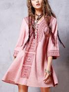 Romwe Buttoned Front Embroidered Boho Dress - Red