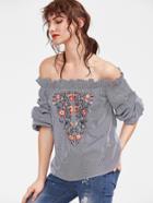 Romwe Navy Striped Flower Embroidered Off The Shoulder Top