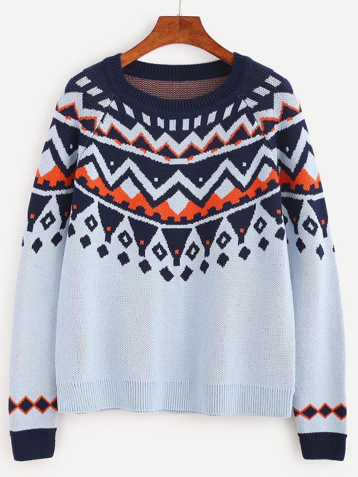 Romwe Blue Geo Pattern Raglan Sleeve Sweater