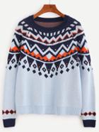 Romwe Blue Geo Pattern Raglan Sleeve Sweater