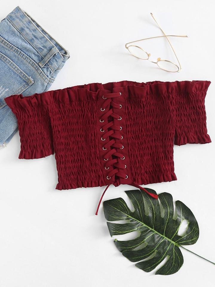 Romwe Frill Trim Lace Up Pleated Top