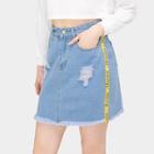 Romwe Ripped Letter Tape Side Denim Skirt