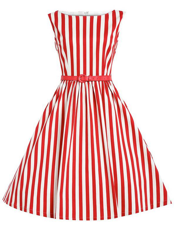 Romwe Red Vertical Striped Flare Dress With Belt