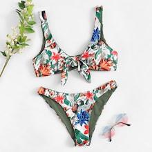 Romwe Random Tropical Tie Front Top With Cheeky Bikini
