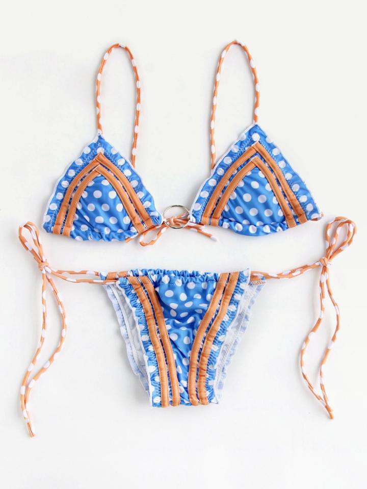 Romwe Polka Dot Print Contrast Trim Triangle Bikini Set