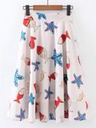 Romwe Starfish Print Zipper Back Pleated Skirt