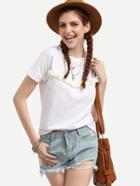 Romwe White Fringe Lace Embellished High Low T-shirt