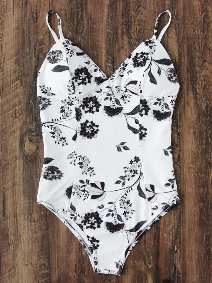 Romwe Calico Print V Cut Swimsuit