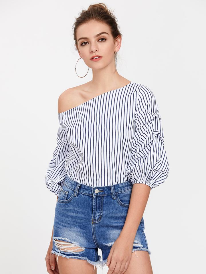 Romwe Asymmetric Shoulder Gathered Lantern Sleeve Top