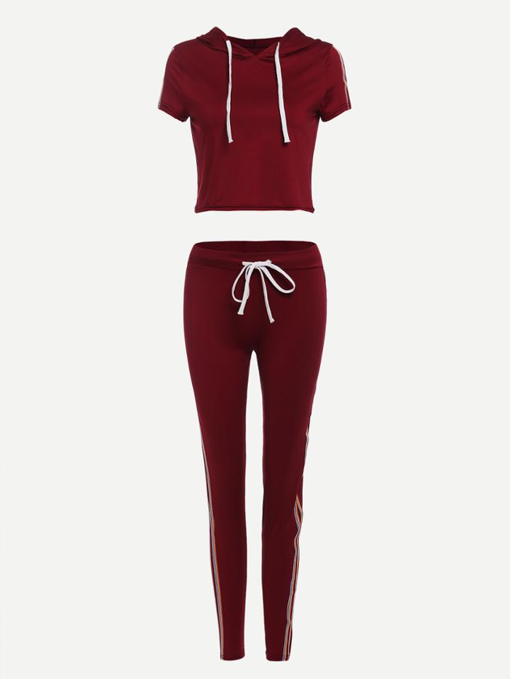 Romwe Striped Tape Side Drawstring Top With Pants