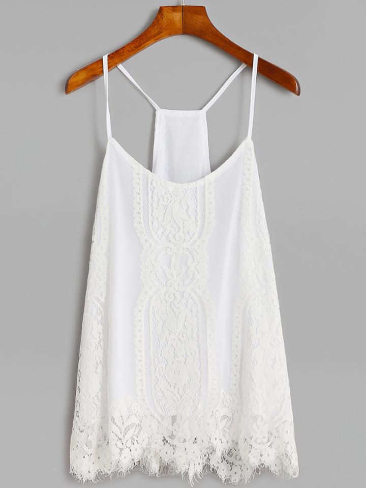 Romwe White Spaghetti Strap Lace Overlay Cami Top