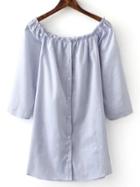 Romwe Blue Off The Shoulder Stripe Buttons Blouse