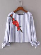 Romwe Embroidered Flower Bow Tie Cuff Striped Blouse