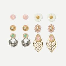 Romwe Flower & Leaf Design Stud Earrings 6pairs
