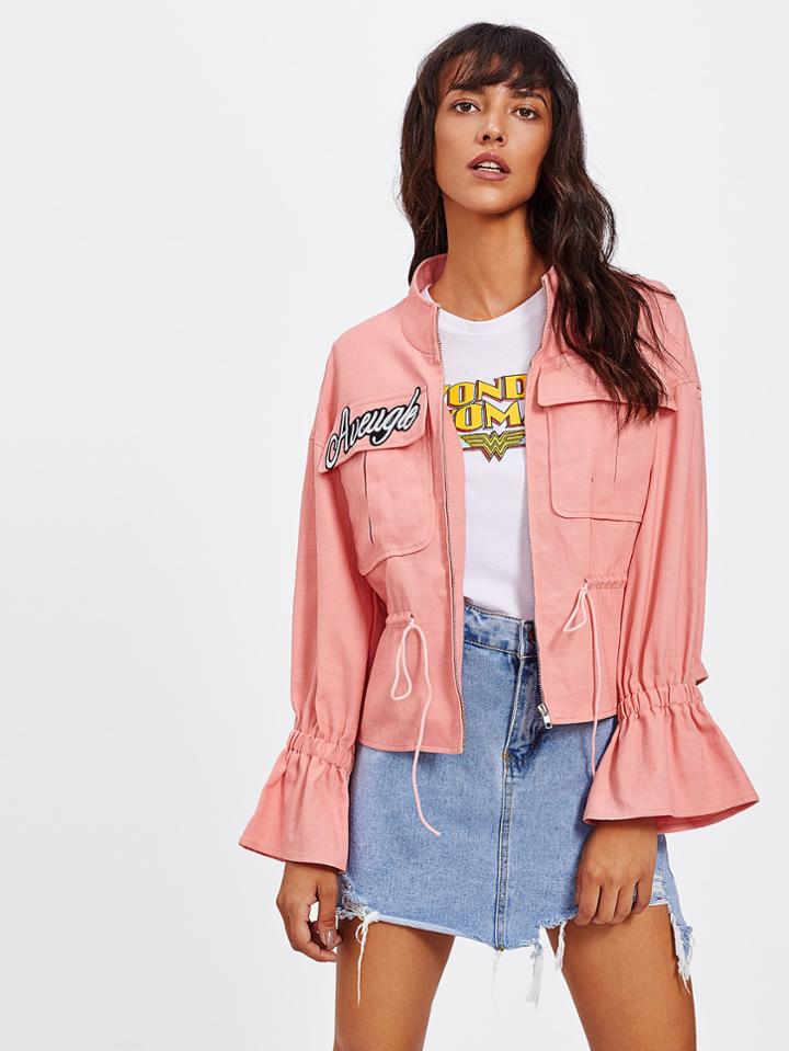 Romwe Elastic Trumpet Cuff Drawstring Dual Pocket Jacket