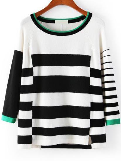 Romwe Round Neck Striped Slit Sweater